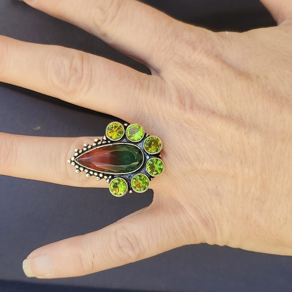 New Bi-Color Tourmaline & Peridot 925 Silver Statement Ring. - Picture 5 of 16